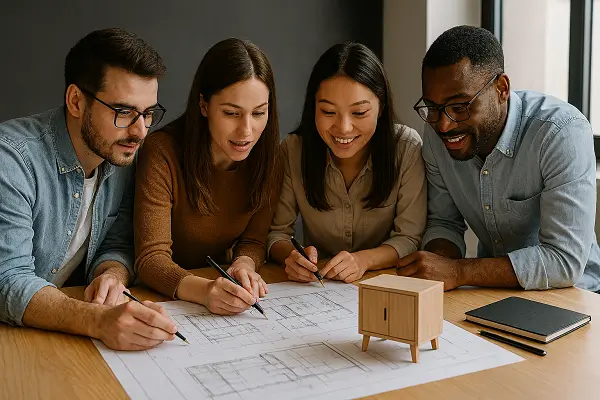 Equipo creativo de Style Muebles en Chile colaborando en el diseño de un nuevo mueble, reunidos alrededor de planos, prototipos y laptops en un estudio moderno con luz natural