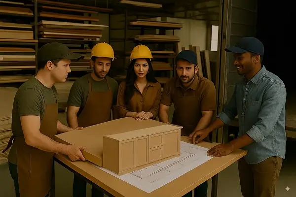 Área logística de Style Muebles en Chile con operarios colaborando en taller alrededor de una maqueta moderna de cocina en melamina y cuarzo, revisando planos y preparando despacho