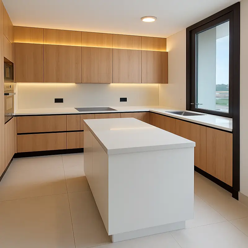 Cocina moderna con muebles en melamina tono madera clara, encimera blanca, isla central funcional, iluminación cálida bajo muebles altos, diseño minimalista con acceso a terraza