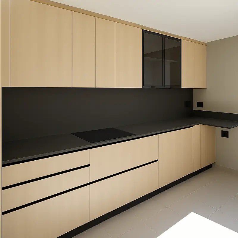 Cocina moderna con muebles en melamina tono madera clara, encimera oscura, cocina eléctrica empotrada, salpicadero a juego y diseño minimalista con distribución funcional