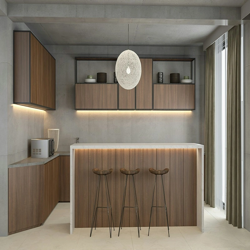 Cocina moderna con isla central en melamina tono madera clara, encimera blanca, muebles abiertos con vajilla expuesta, iluminación colgante y diseño minimalista con paredes en concreto gris