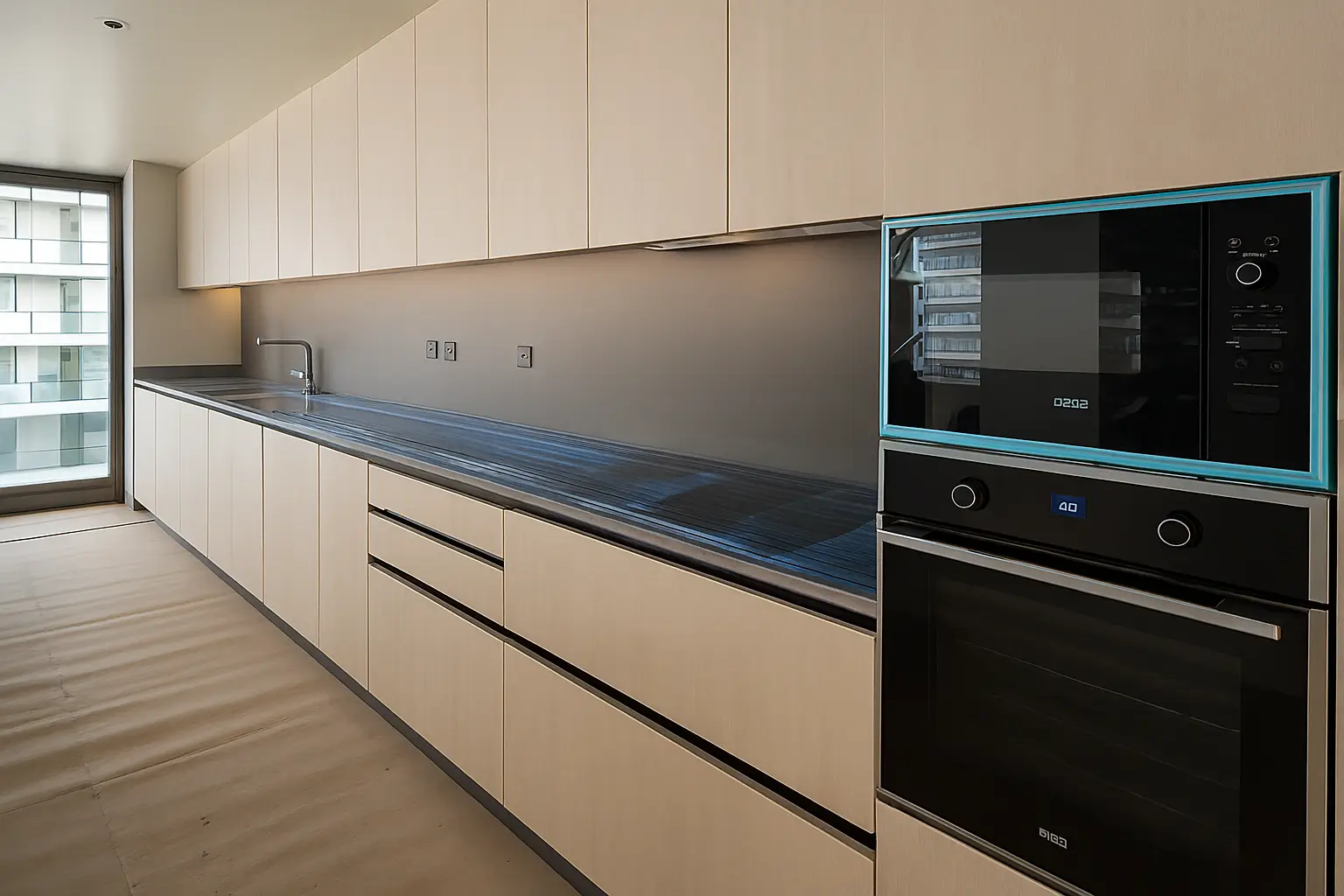 Cocina moderna en proceso de instalación en Chile, fabricada en melamina tono madera clara con electrodomésticos empotrados y cubierta de cuarzo protegida